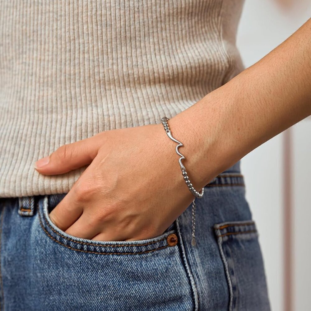 Wave Bracelet Stainless Steel 6.5in+2in Extension Daughter Gift Jewelry - Picture 3 of 7